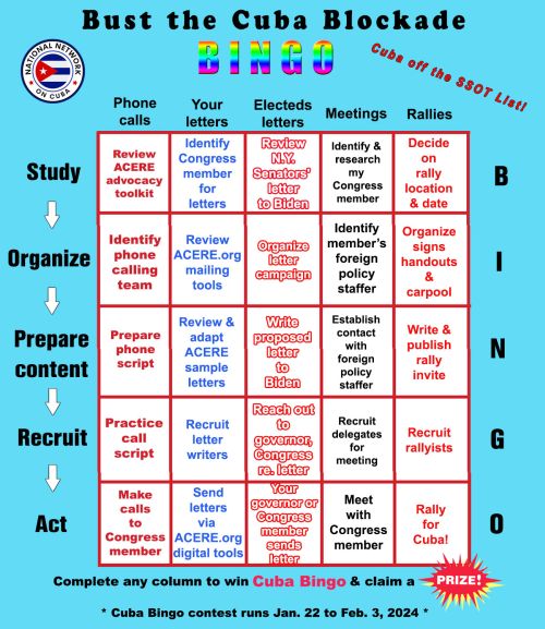 Bust the Blockade Cuba Bingo!